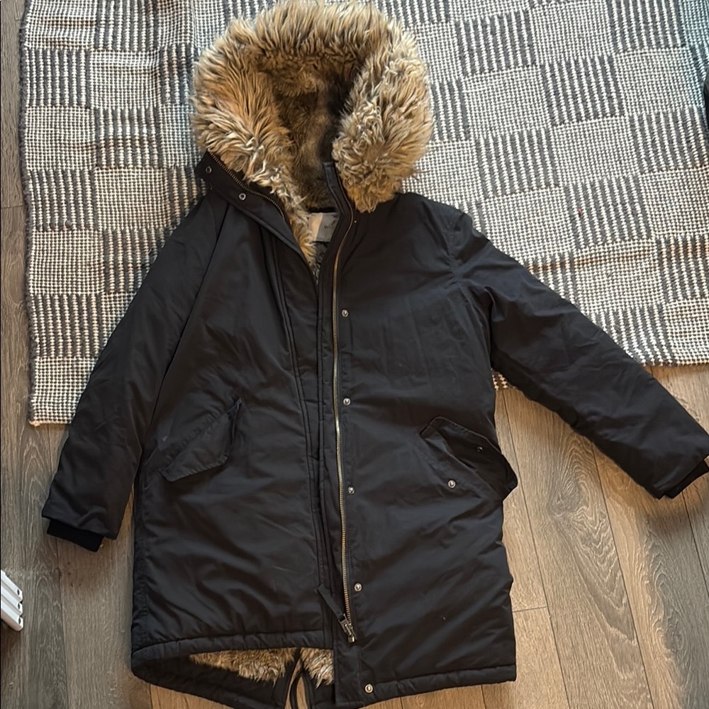 Men's Black Parka Jacket with Faux Fur Trim